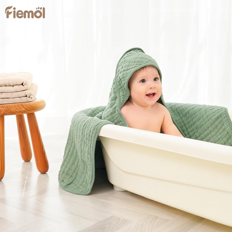 FIEMOL Baby Bath Towels, 100% Muslin Cotton Hooded Baby Towels for Newborn, Baby Towels with Hood for Infant Toddler and Kids, Large 32x32Inch, Soft and Absorbent - Image 2